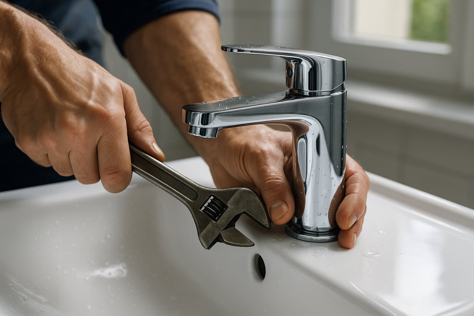 Plumber installing a modern chrome faucet in a Round Lake, IL bathroom