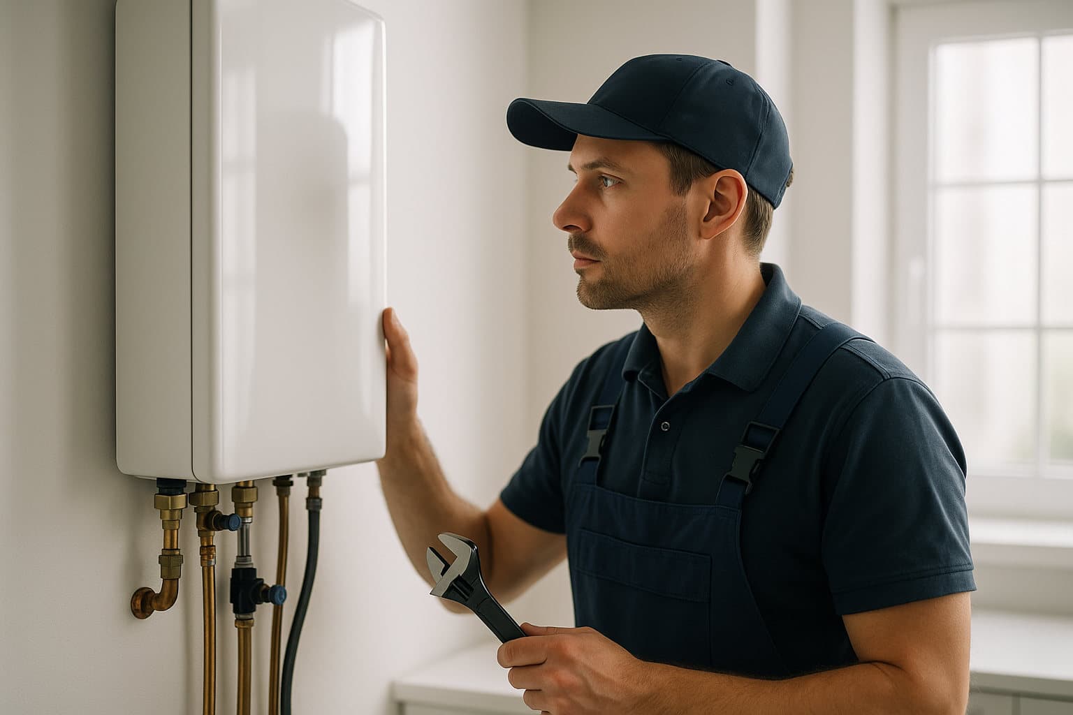 Plumber inspecting a tankless water heater in a Round Lake, IL home